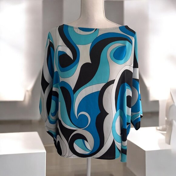 MICHAEL KORS Blue Swirl Mod Print Batwing Sleeve Top Size XL - Picture 1 of 7